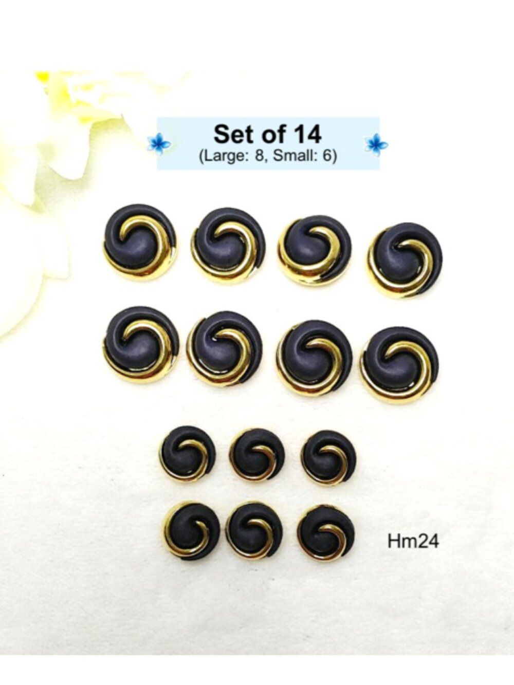 Set of 14 Round SPIRAL Navy Blue Resin Faux Gold Metal Round Buttons Blue Shank